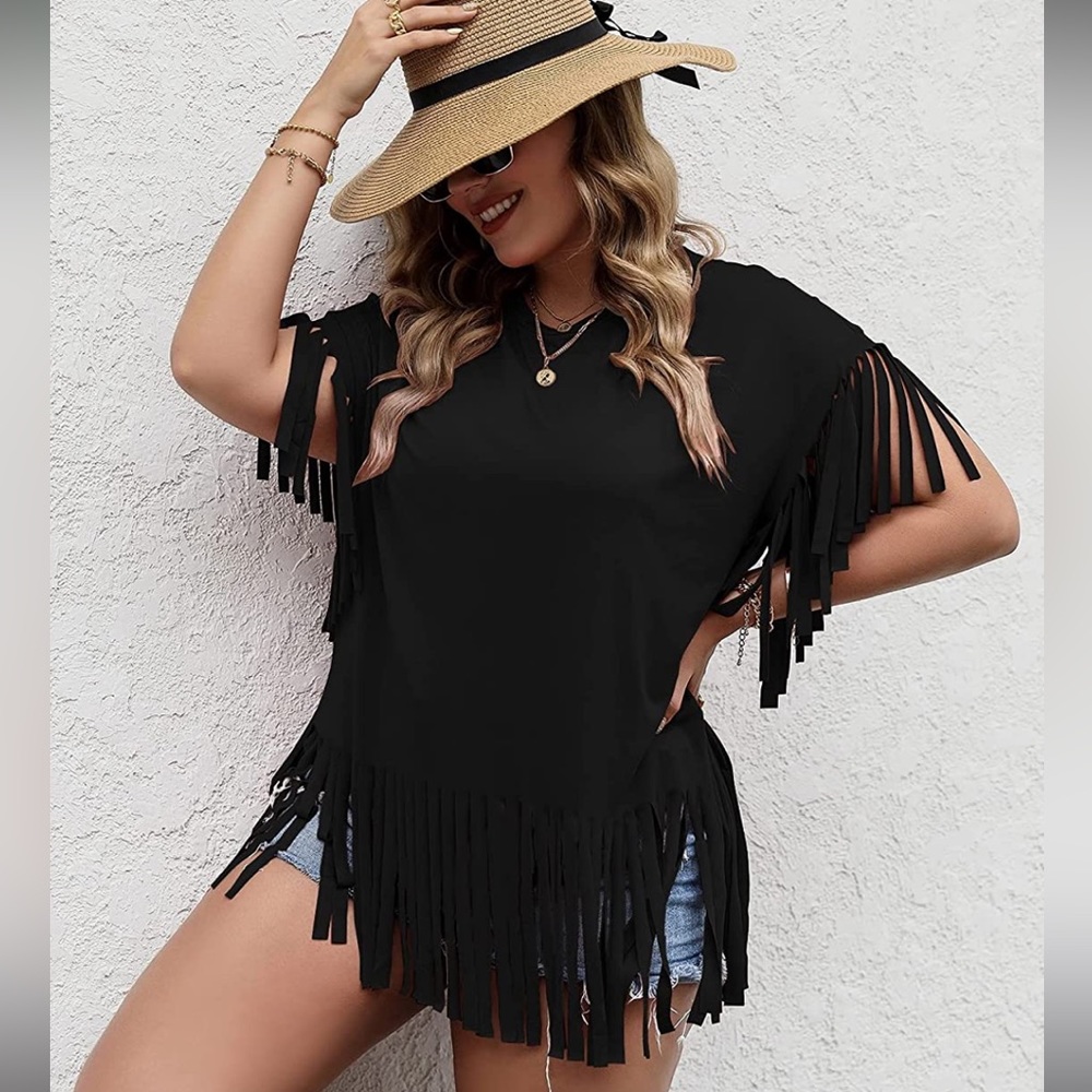Plus Fringe Hem Solid Half Sleeve Tee
